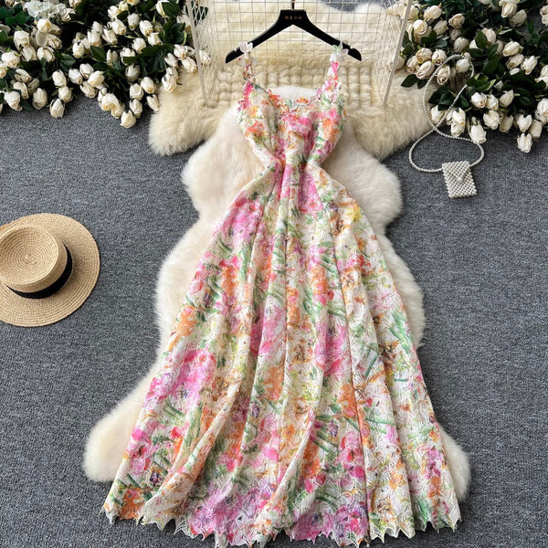 Hollowed Colorful Floral Mesh Slip Dress