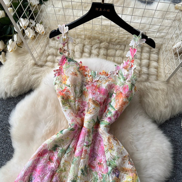 Hollowed Colorful Floral Mesh Slip Dress