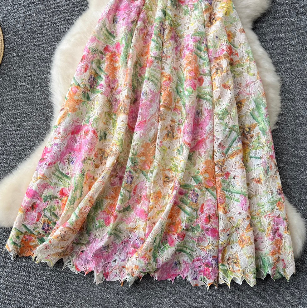 Hollowed Colorful Floral Mesh Slip Dress