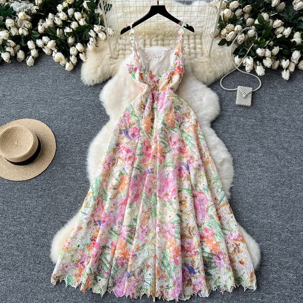 Hollowed Colorful Floral Mesh Slip Dress