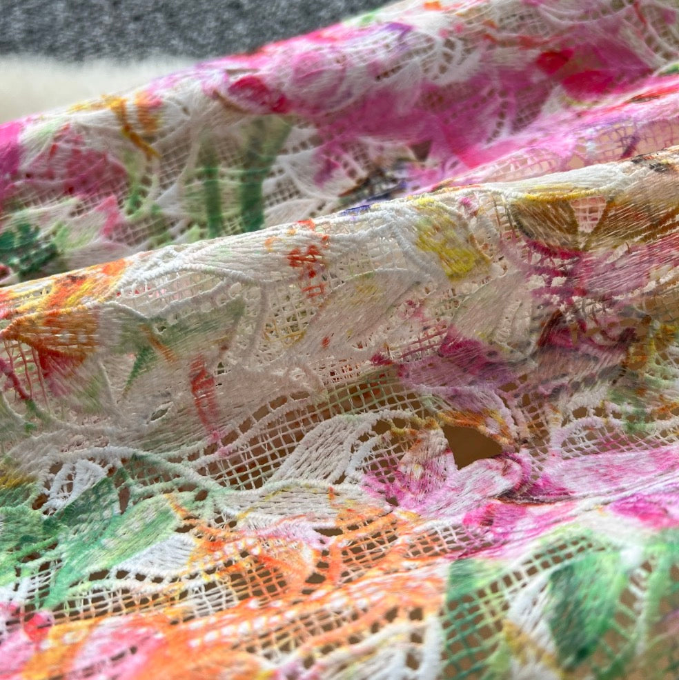 Hollowed Colorful Floral Mesh Slip Dress