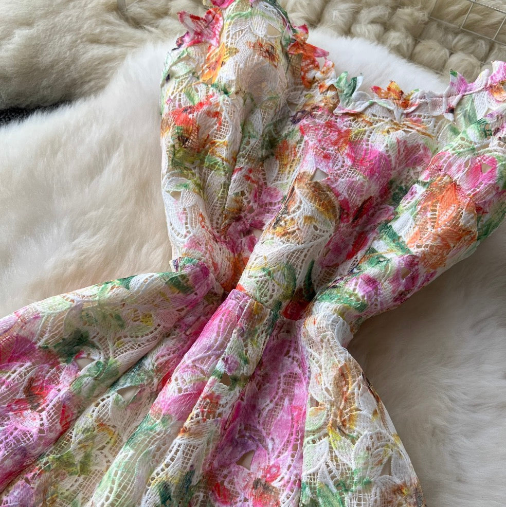 Hollowed Colorful Floral Mesh Slip Dress