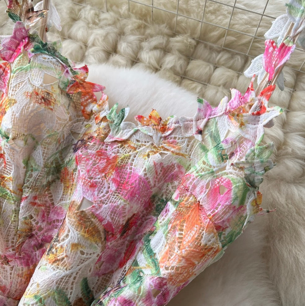 Hollowed Colorful Floral Mesh Slip Dress