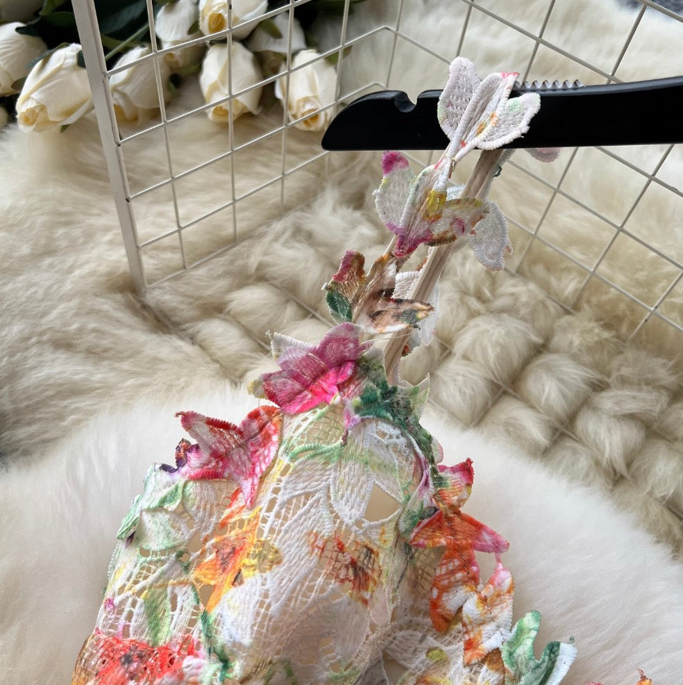 Hollowed Colorful Floral Mesh Slip Dress