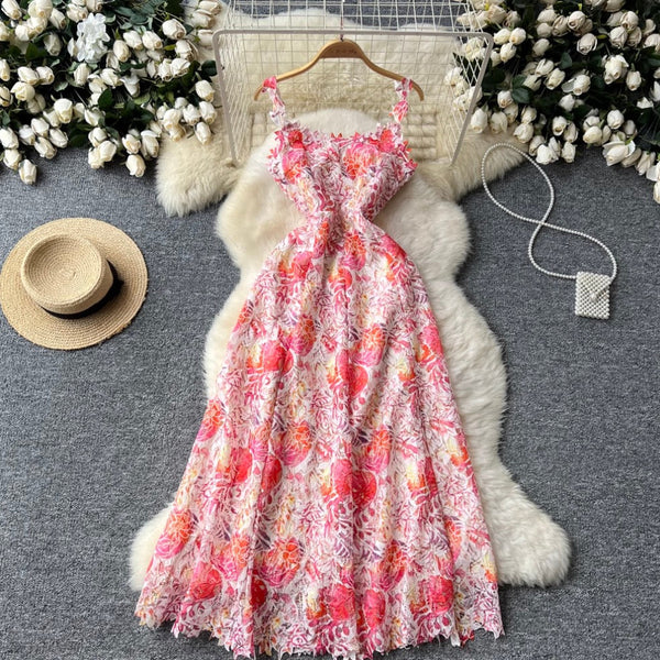 Hollowed Colorful Floral Mesh Slip Dress