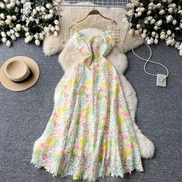 Hollowed Colorful Floral Mesh Slip Dress