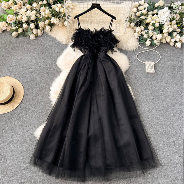 Vintage Furry Patchwork Black Slip Dress
