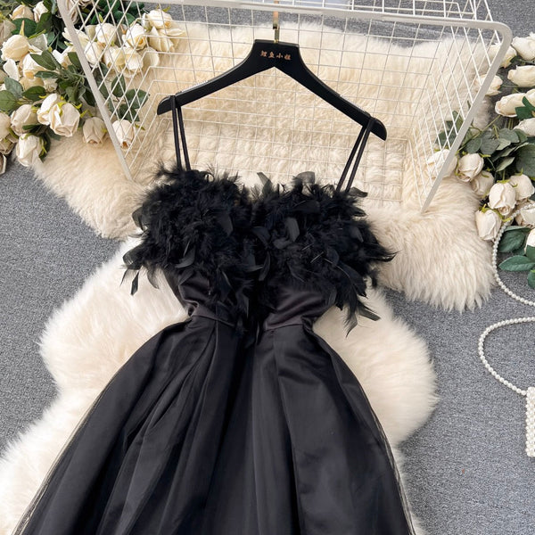 Vintage Furry Patchwork Black Slip Dress