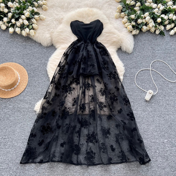 Flocked Print Black Bustier Dress
