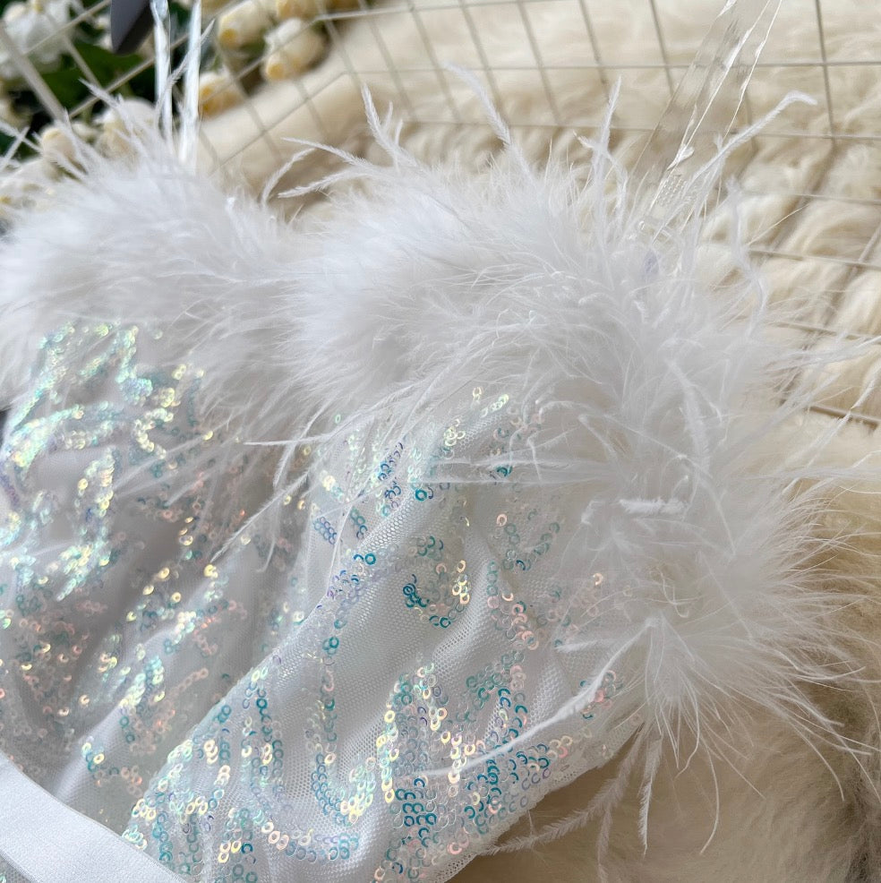 Sequined Furry Puffy Slip Dress