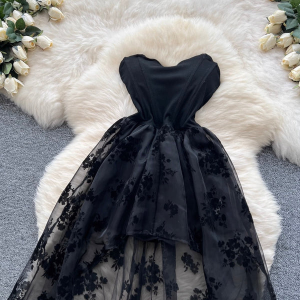 Flocked Print Black Bustier Dress