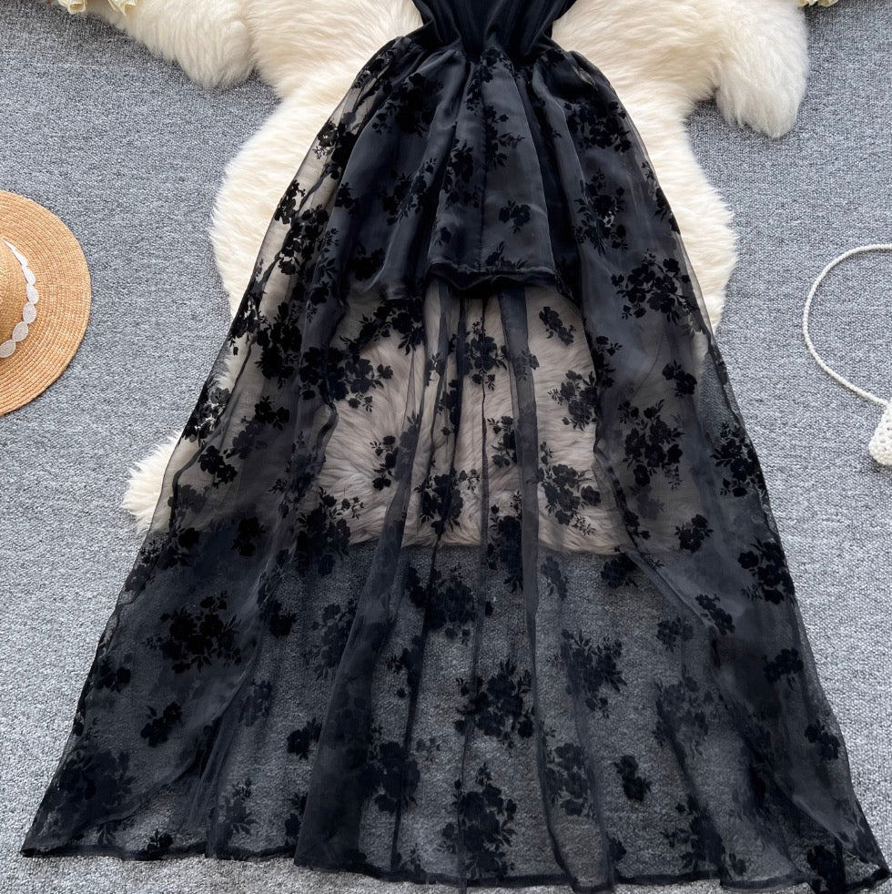 Flocked Print Black Bustier Dress