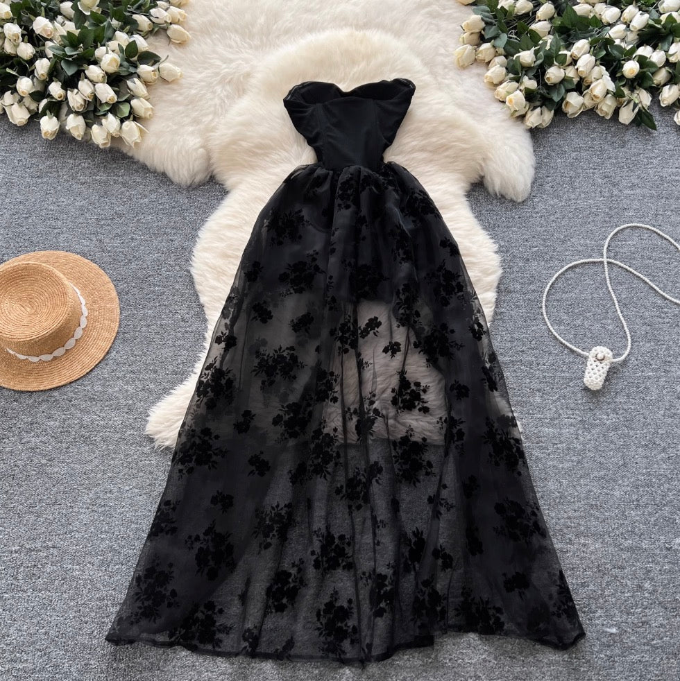 Flocked Print Black Bustier Dress