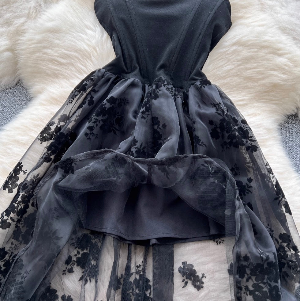 Flocked Print Black Bustier Dress