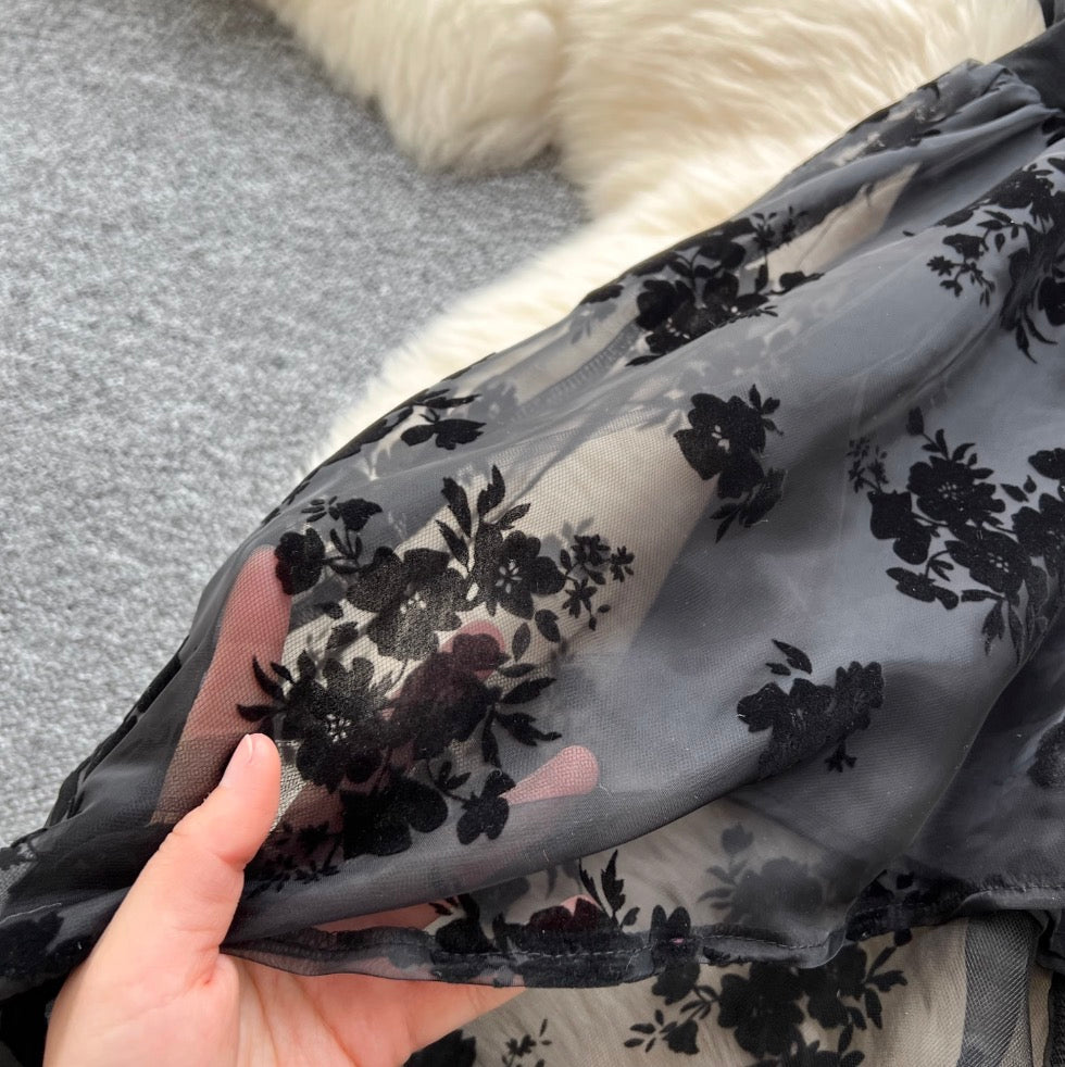 Flocked Print Black Bustier Dress