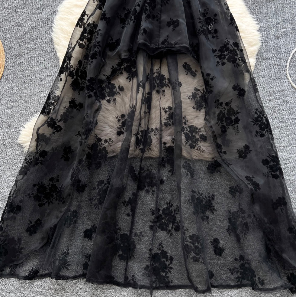 Flocked Print Black Bustier Dress