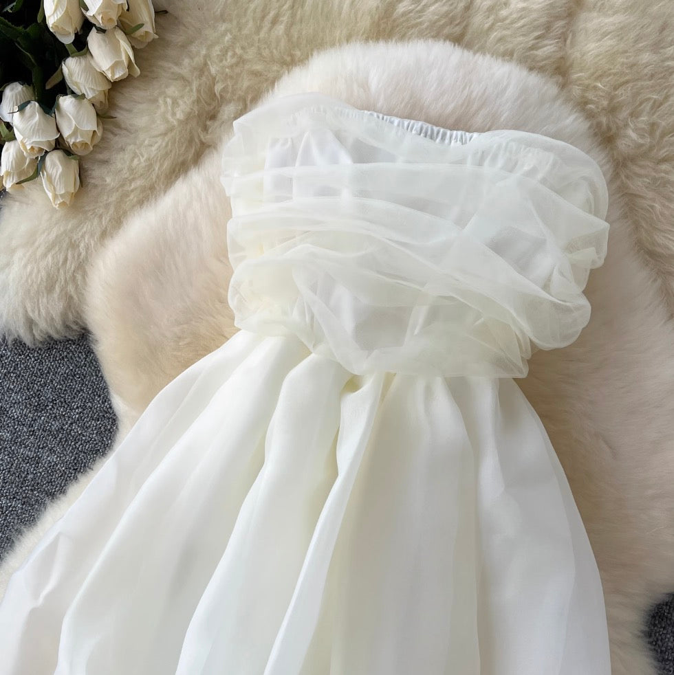 Apricot Pleated Bud Mesh Bustier Dress