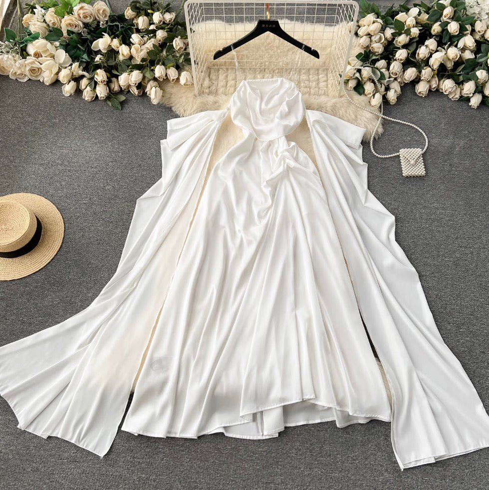 Bat Sleeve White Satin Slip Dress