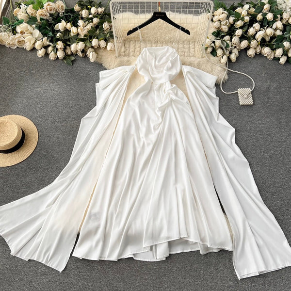 Bat Sleeve White Satin Slip Dress