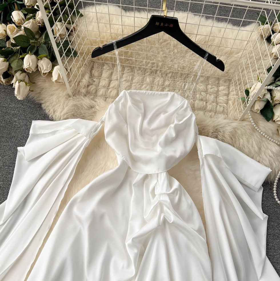 Bat Sleeve White Satin Slip Dress