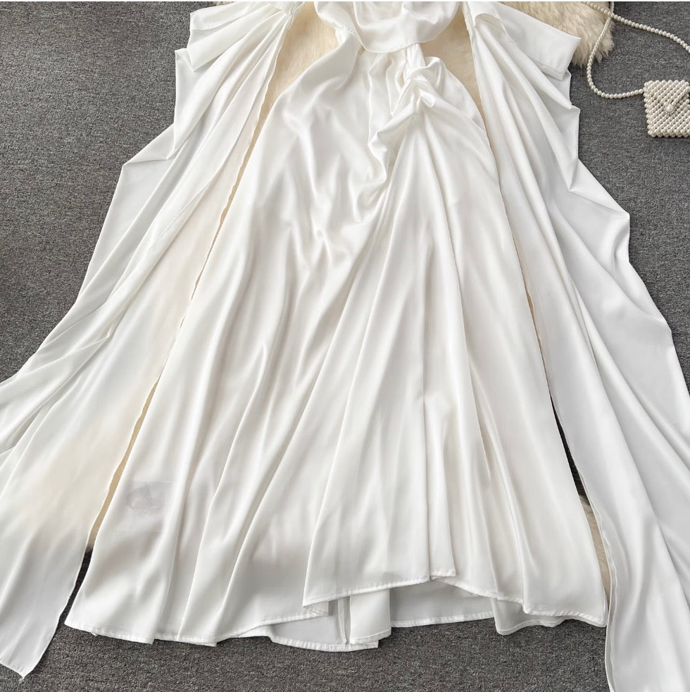 Bat Sleeve White Satin Slip Dress