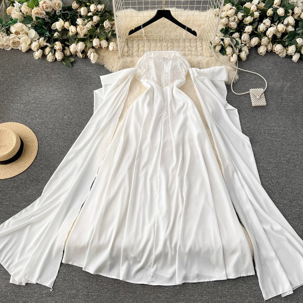 Bat Sleeve White Satin Slip Dress