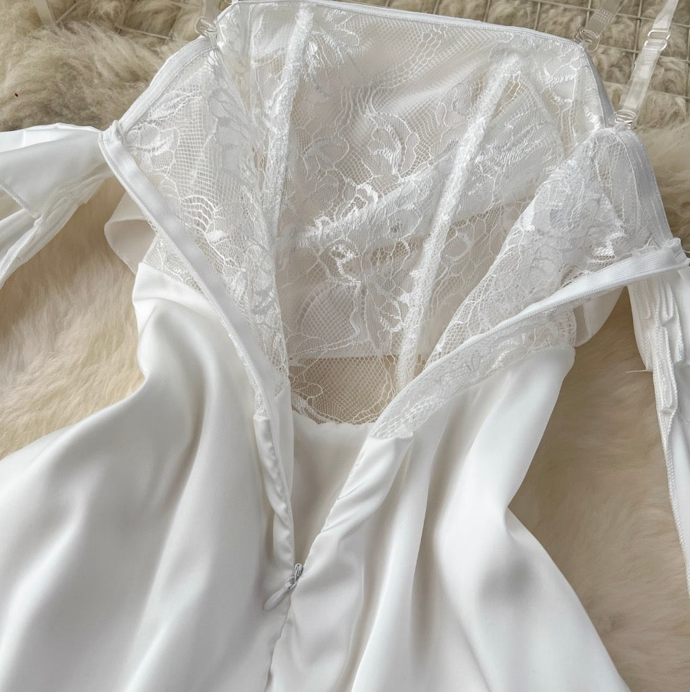 Bat Sleeve White Satin Slip Dress