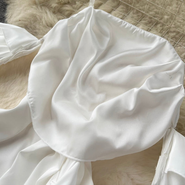 Bat Sleeve White Satin Slip Dress