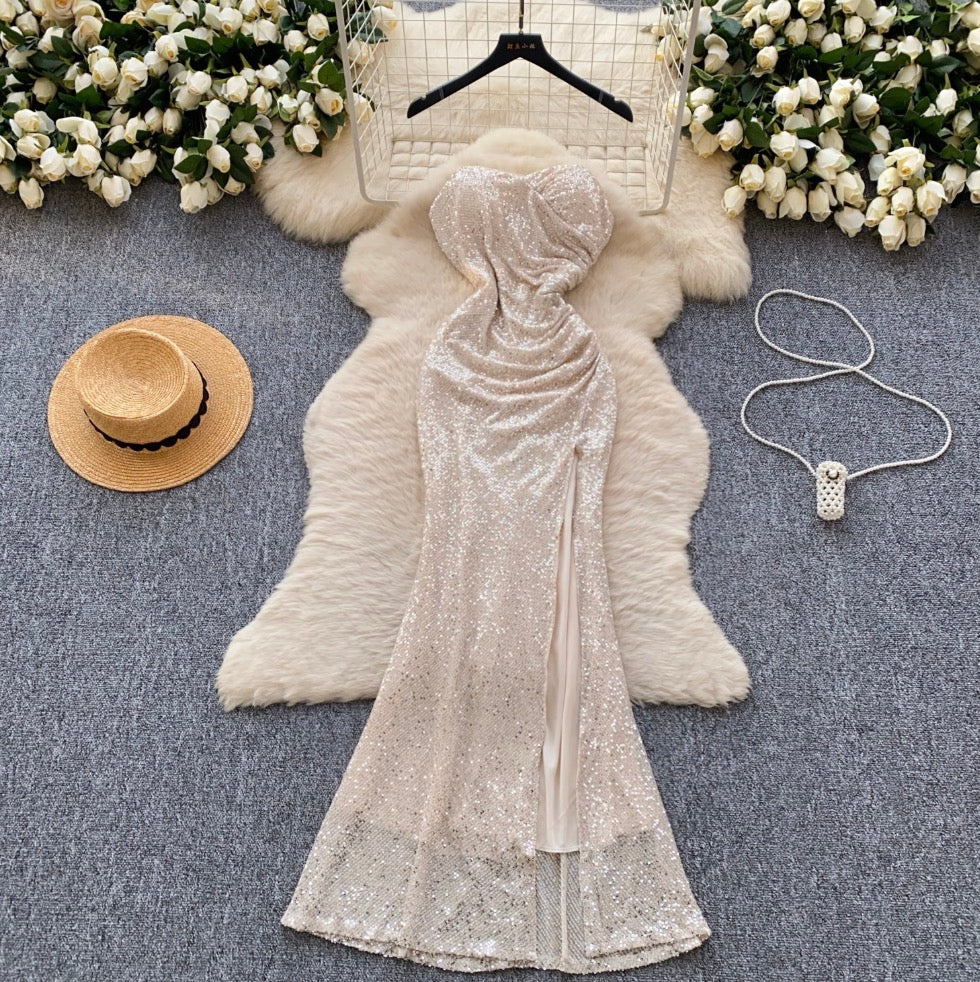 High-end Sequined Pleated Party Dress
