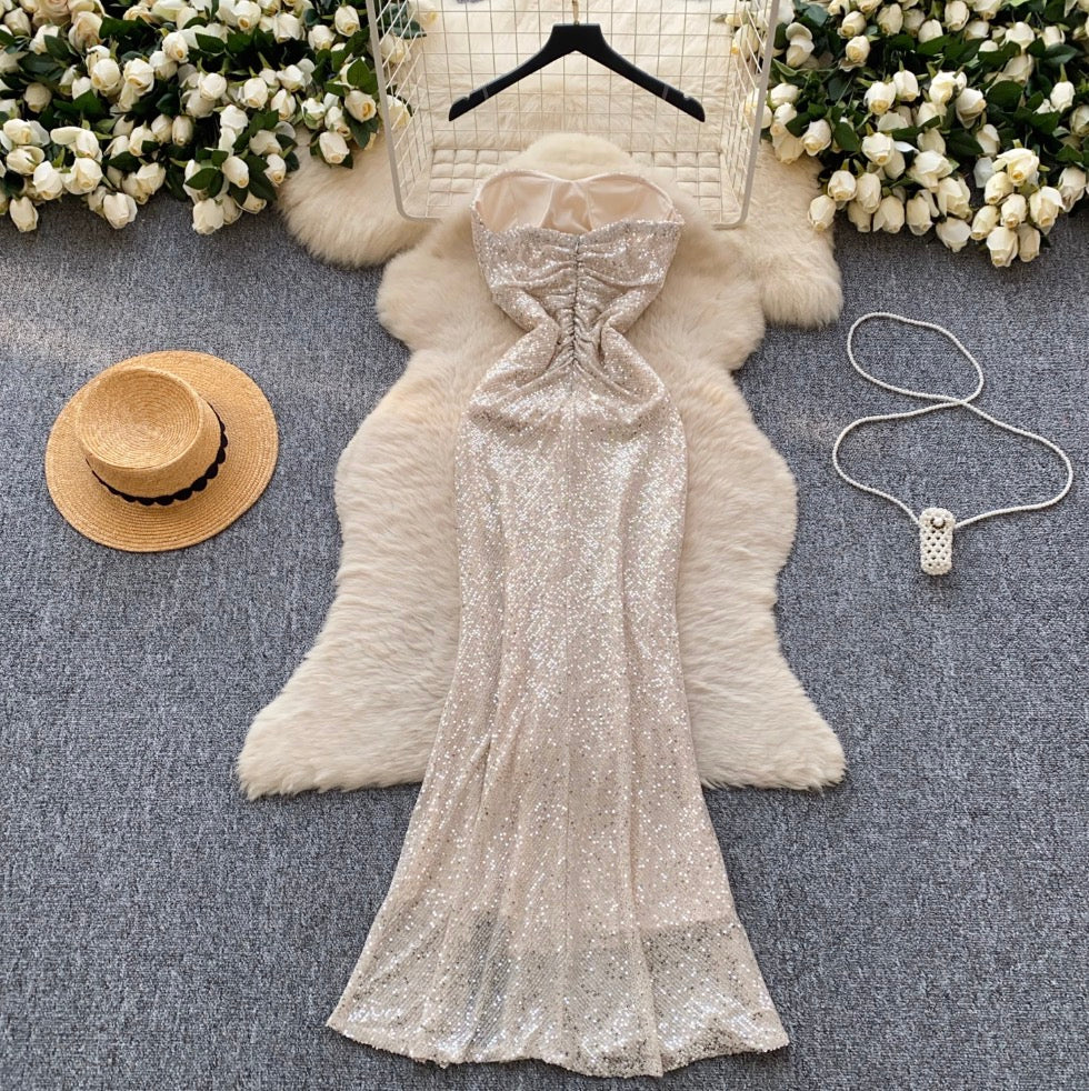 High-end Sequined Pleated Party Dress