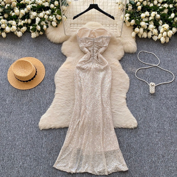 High-end Sequined Pleated Party Dress