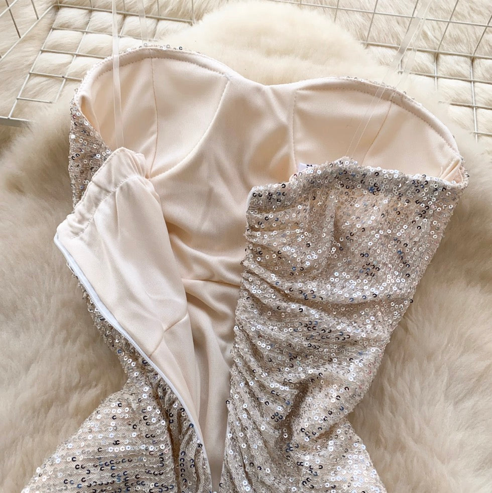 High-end Sequined Pleated Party Dress