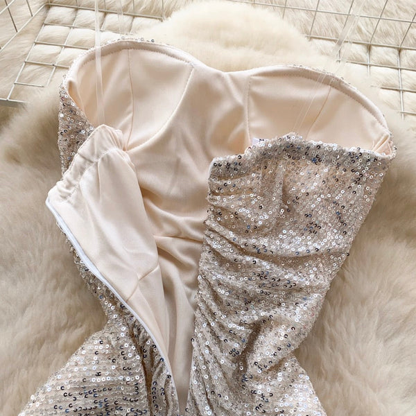 High-end Sequined Pleated Party Dress