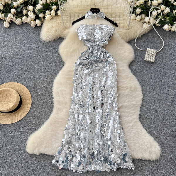 Silver Sequined Slim Dress with Choker