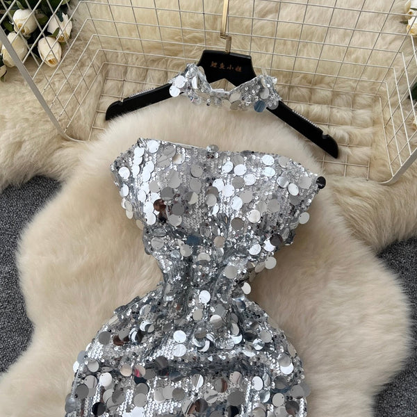 Silver Sequined Slim Dress with Choker