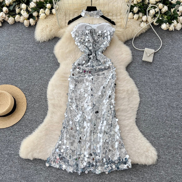 Silver Sequined Slim Dress with Choker