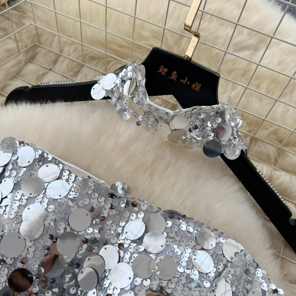 Silver Sequined Slim Dress with Choker