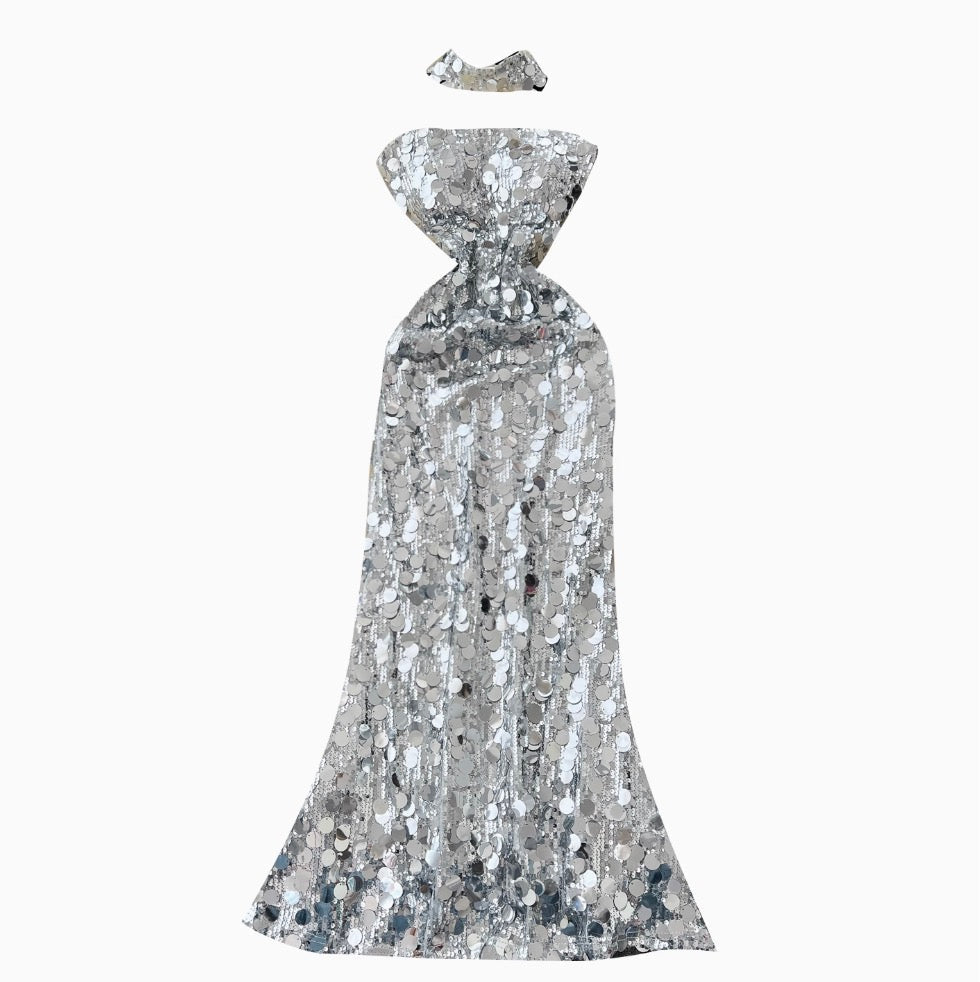 Silver Sequined Slim Dress with Choker