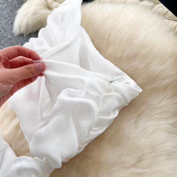 Slant Neckline White Chiffon Dress