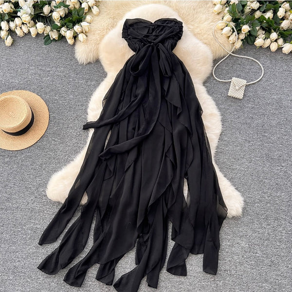 Niche Design Lace-up Black Dress