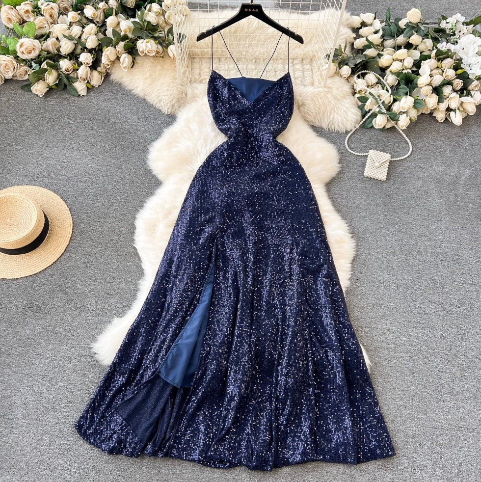 Premium Blue Sequined Slip Dress