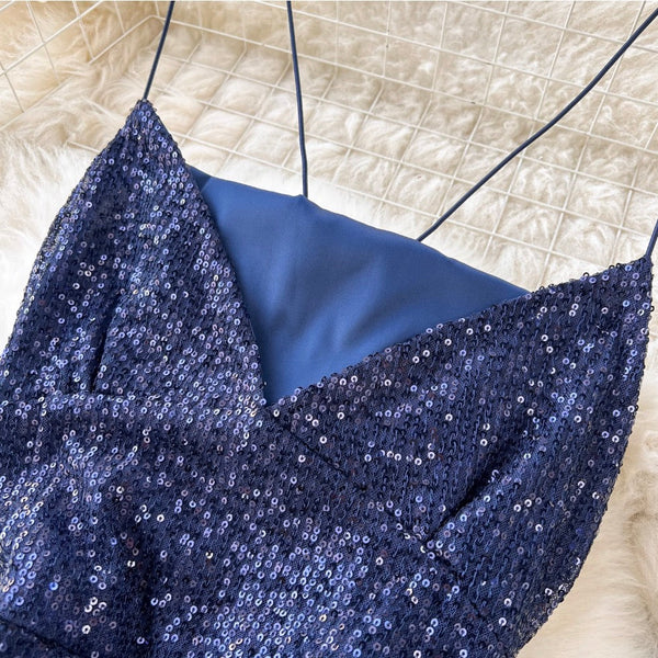Premium Blue Sequined Slip Dress