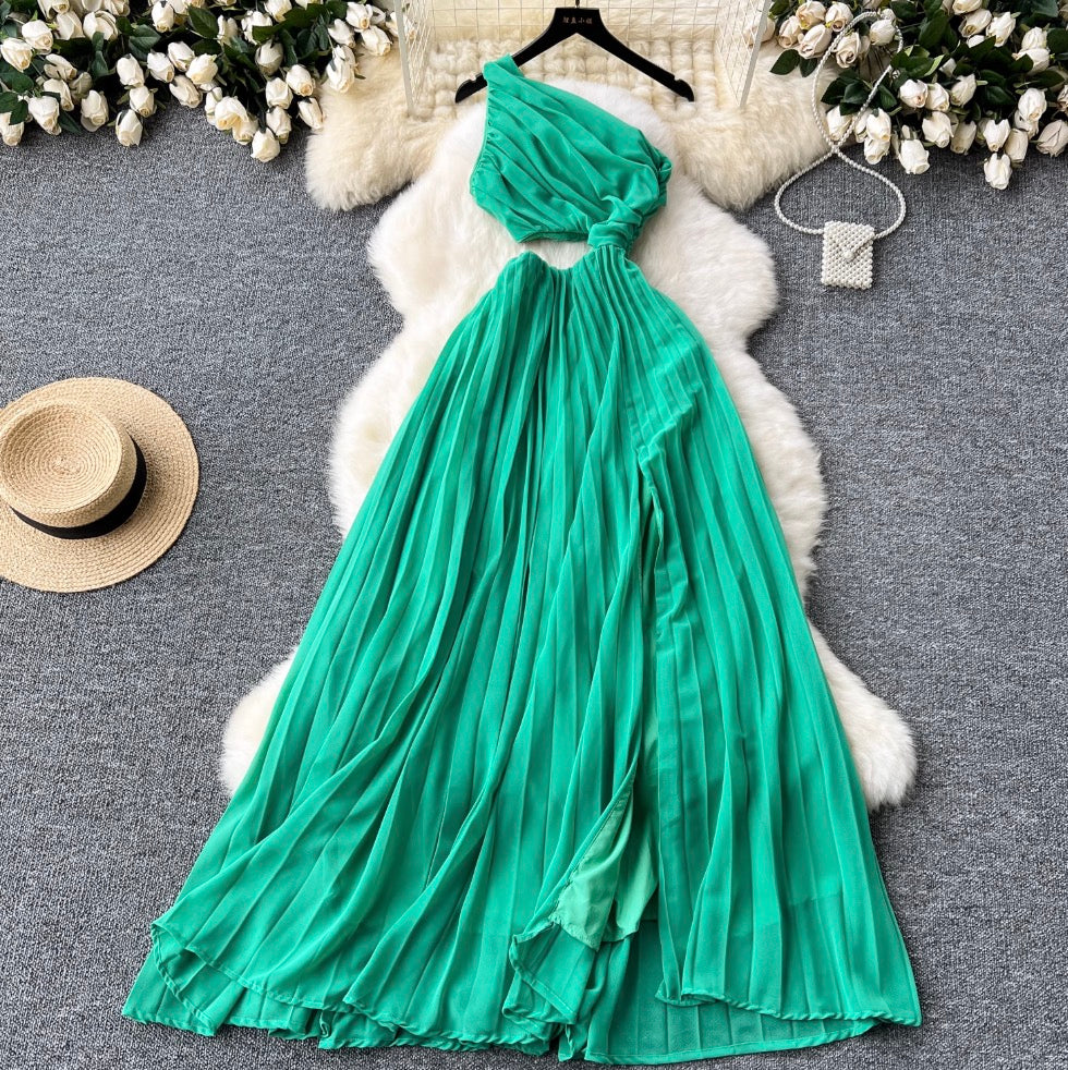 Slant Neckline Green Hollowed Dress