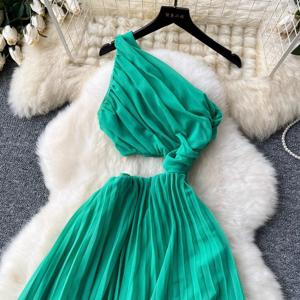 Slant Neckline Green Hollowed Dress