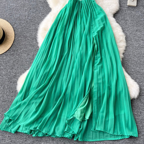 Slant Neckline Green Hollowed Dress