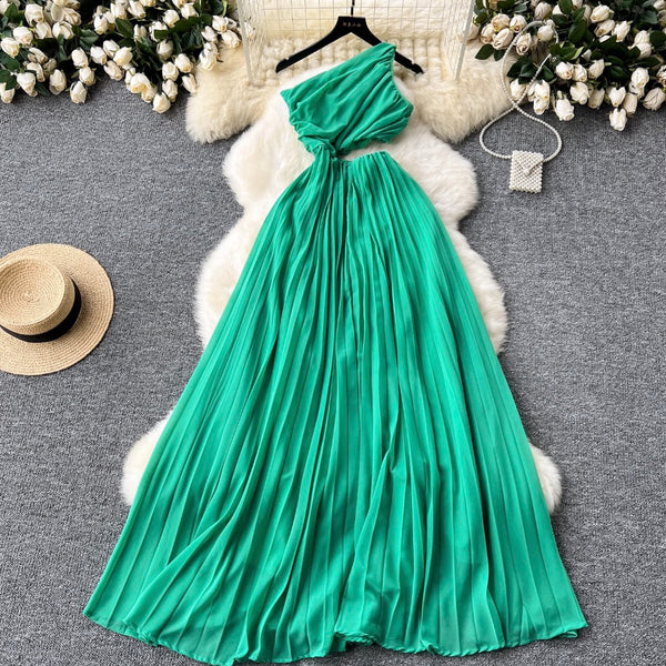 Slant Neckline Green Hollowed Dress