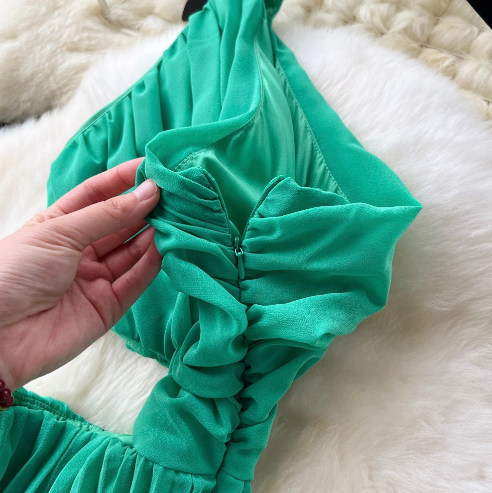 Slant Neckline Green Hollowed Dress