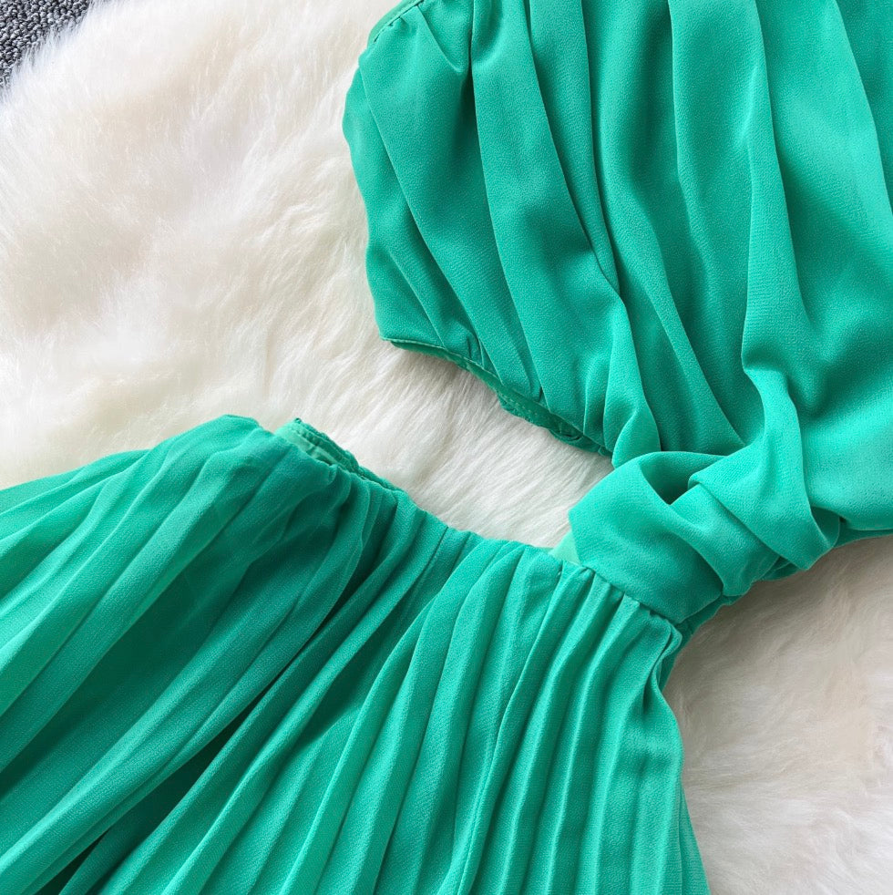 Slant Neckline Green Hollowed Dress