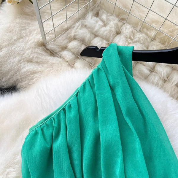 Slant Neckline Green Hollowed Dress