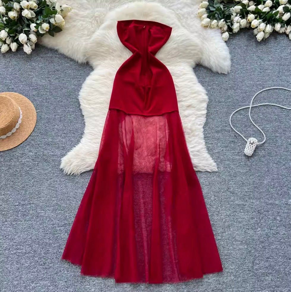 Mesh Patchwork Printed Bustier Dress